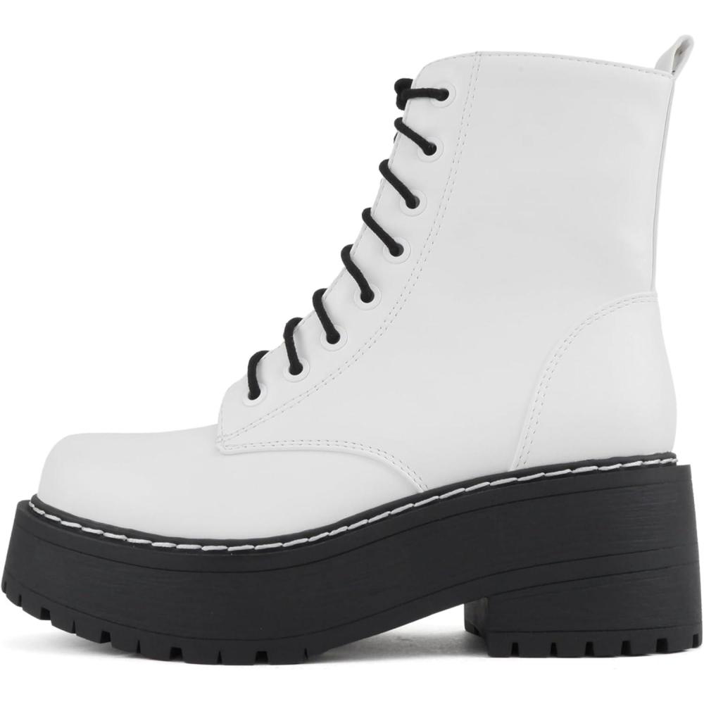 imageSoda FLING Women Chunky Lug Sole Lace up Fashion Combat Ankle Boot wSide ZipperWhiteBlack Pu