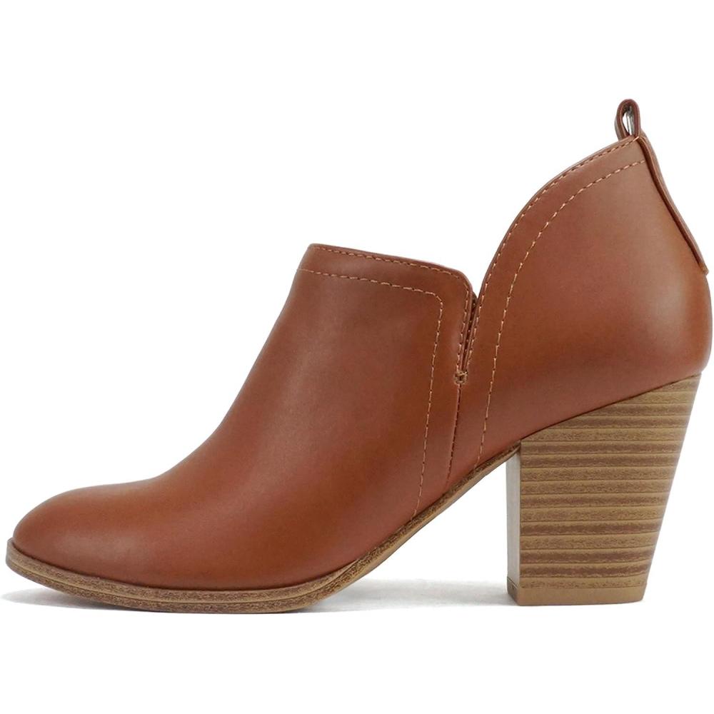 imageSoda GAMEY  Women Almond Toe VCut SlipOn Medium Stack Heel Ankle Bootie ShootieTan Pu