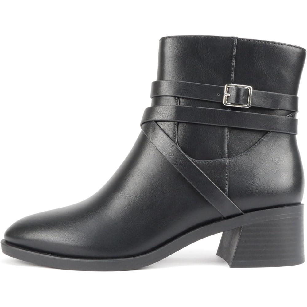 imageSoda Heron  Women Round Toe Low Block Heel Ankle Boot with Side ZipperBlacks Pu