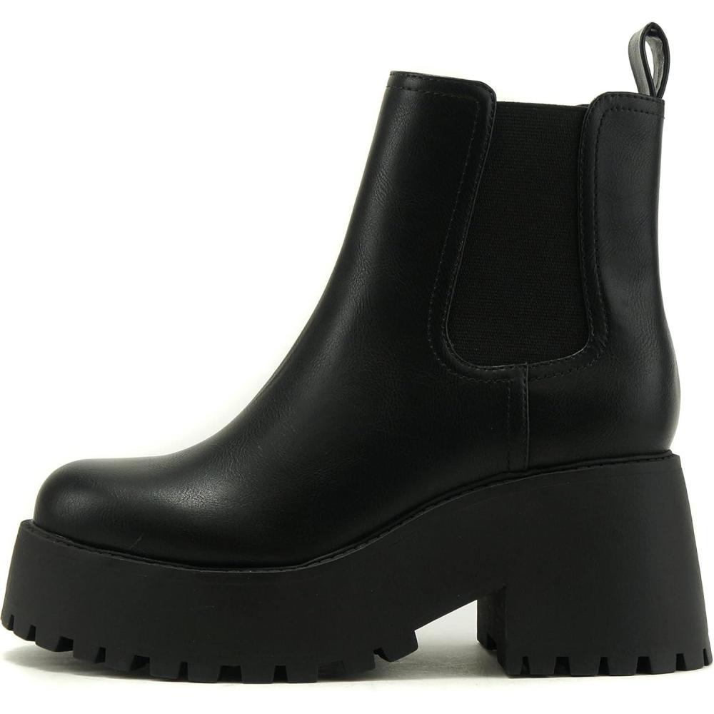 imageSoda INSTANT Women Chunky Lug Sole Mid Heel Chelsea Fashion Ankle Bootie wDouble Elastic GoreBlack
