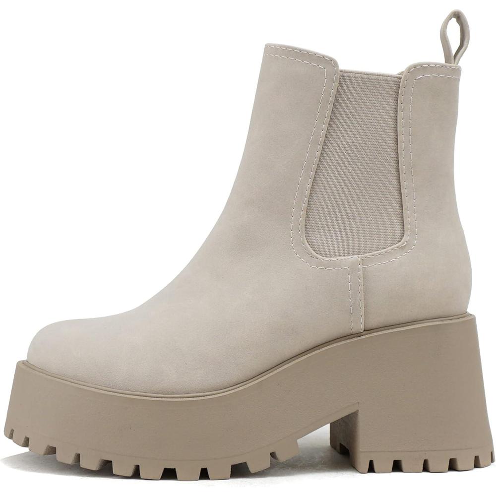 imageSoda INSTANT Women Chunky Lug Sole Mid Heel Chelsea Fashion Ankle Bootie wDouble Elastic GoreLstone Nubuck
