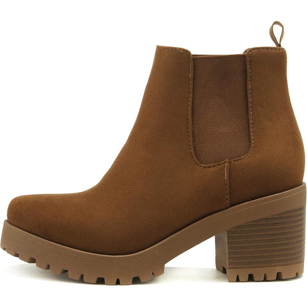 imageSoda JABER  WOMEN LUG SOLE MID HEEL FASHION ANKLE BOOTIE WDOUBLE ELASTIC GOREChestnut