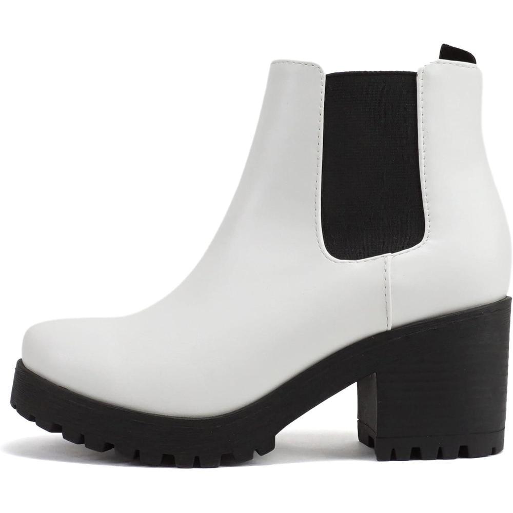 imageSoda JABER  WOMEN LUG SOLE MID HEEL FASHION ANKLE BOOTIE WDOUBLE ELASTIC GOREWhite Pu