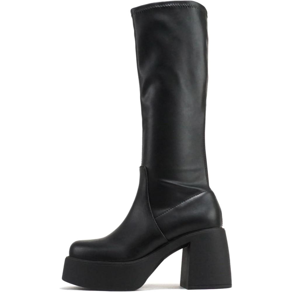 imageSoda JEZZI  Women Square Toe Medium Chunky Heel Platform MidCalf Boot with Side ZipperBlack Pu