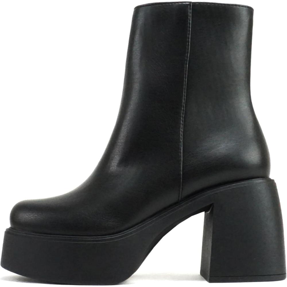 imageSoda OARSMAN  Women Square Toe Platform Medium Chunky Heel Ankle Boot with Side ZipperBlack Pu