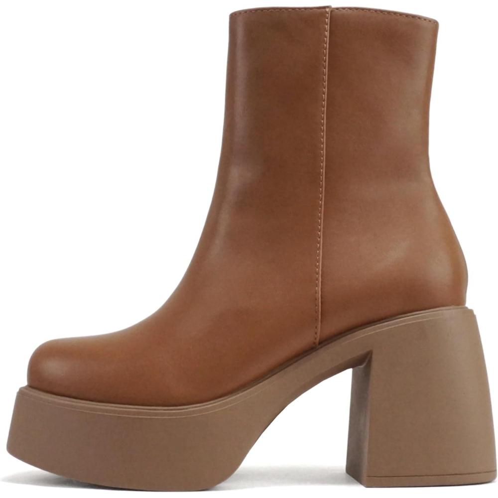 imageSoda OARSMAN  Women Square Toe Platform Medium Chunky Heel Ankle Boot with Side ZipperLight Tan Pu