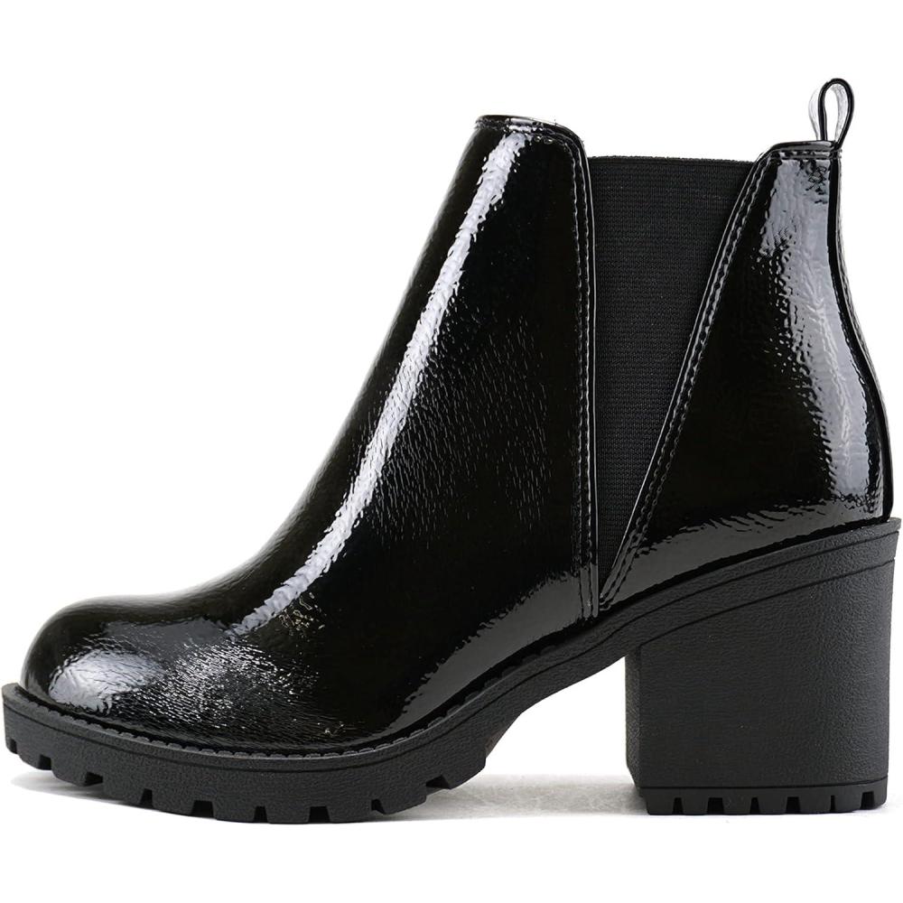imageSoda ORIGAMI  WOMEN LUG SOLE MID HEEL FASHION ANKLE BOOTIE WDOUBLE ELASTIC GOREBlack Crk Patent