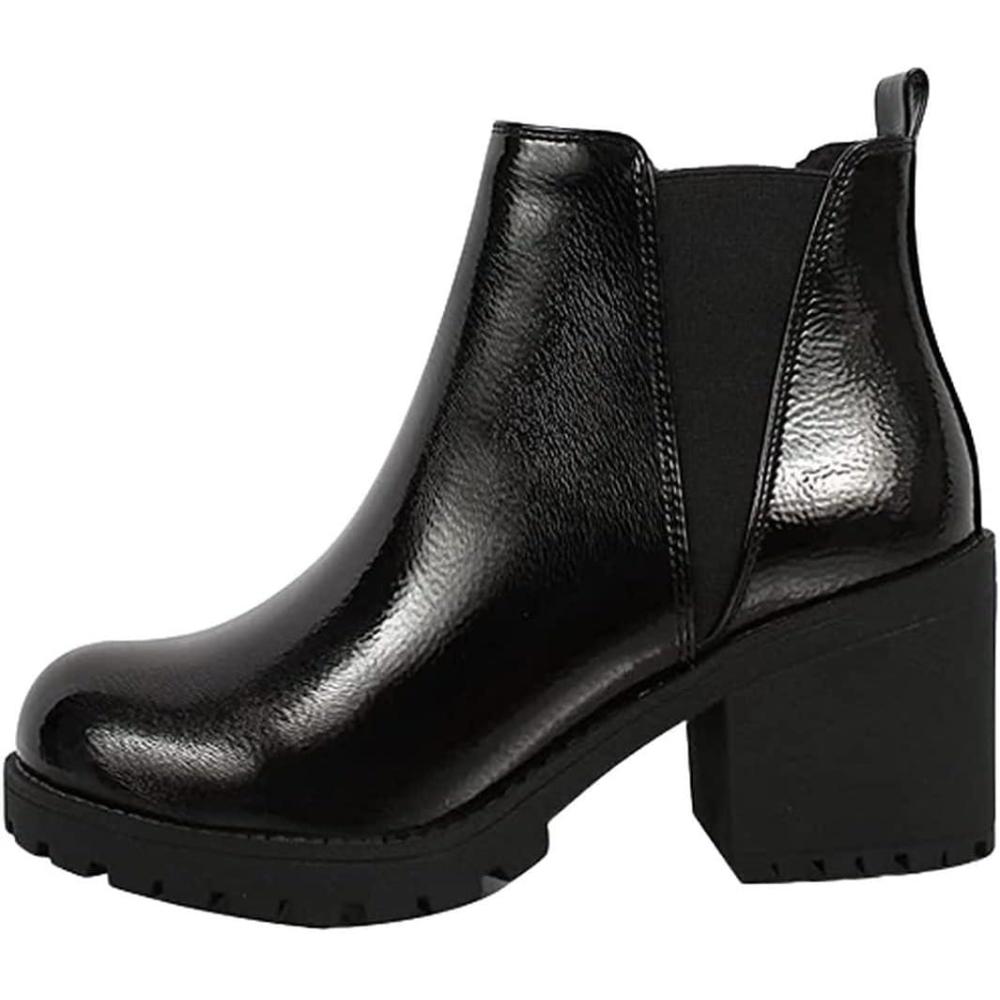 imageSoda ORIGAMI  WOMEN LUG SOLE MID HEEL FASHION ANKLE BOOTIE WDOUBLE ELASTIC GOREBlack Pat
