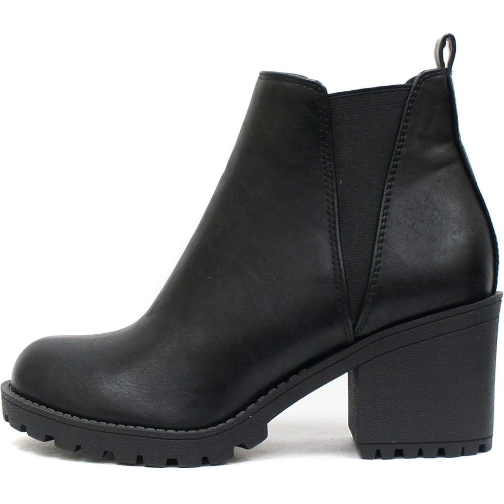imageSoda ORIGAMI  WOMEN LUG SOLE MID HEEL FASHION ANKLE BOOTIE WDOUBLE ELASTIC GOREBlack Pu