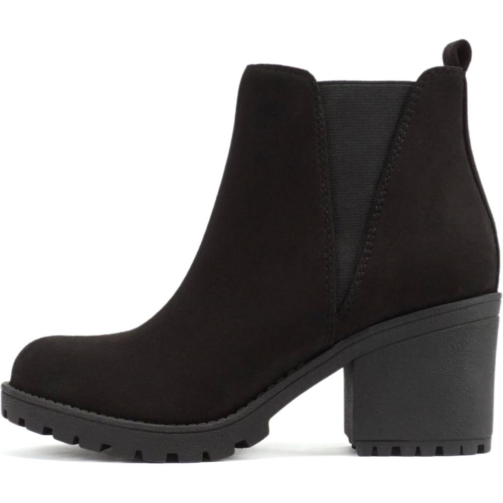 imageSoda ORIGAMI  WOMEN LUG SOLE MID HEEL FASHION ANKLE BOOTIE WDOUBLE ELASTIC GOREBlack Suede