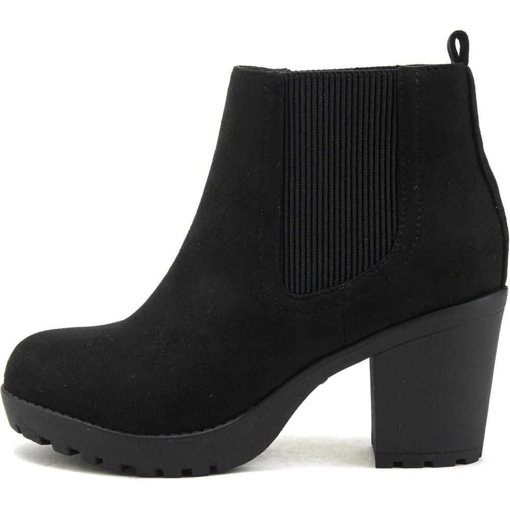 imageSoda PENSEE  Women Lug Sole Mid Heel Chelsea Fashion Ankle Bootie wDouble Elastic GoreBlack Suede