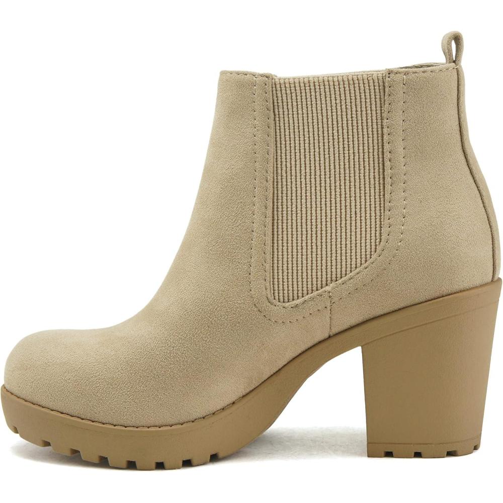 imageSoda PENSEE  Women Lug Sole Mid Heel Chelsea Fashion Ankle Bootie wDouble Elastic GoreLwheat Suede