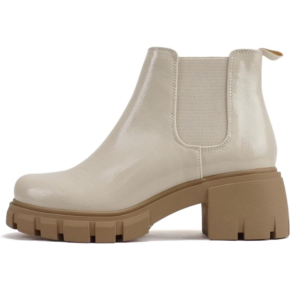 imageSoda PIONEER  Women Lug Sole Mid Heel Chelsea Fashion Ankle Bootie wDouble Elastic GoreBone Patent