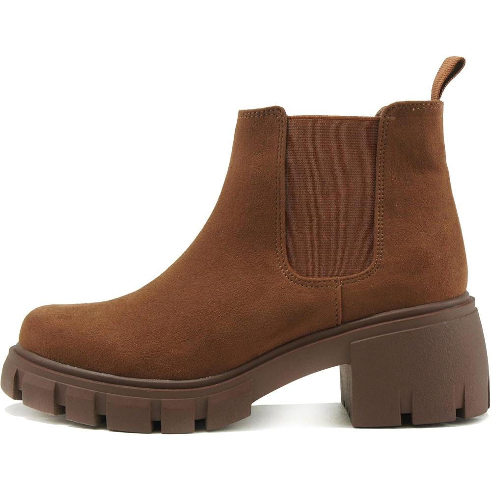 imageSoda PIONEER  Women Lug Sole Mid Heel Chelsea Fashion Ankle Bootie wDouble Elastic GoreDchestnut Imit Suede