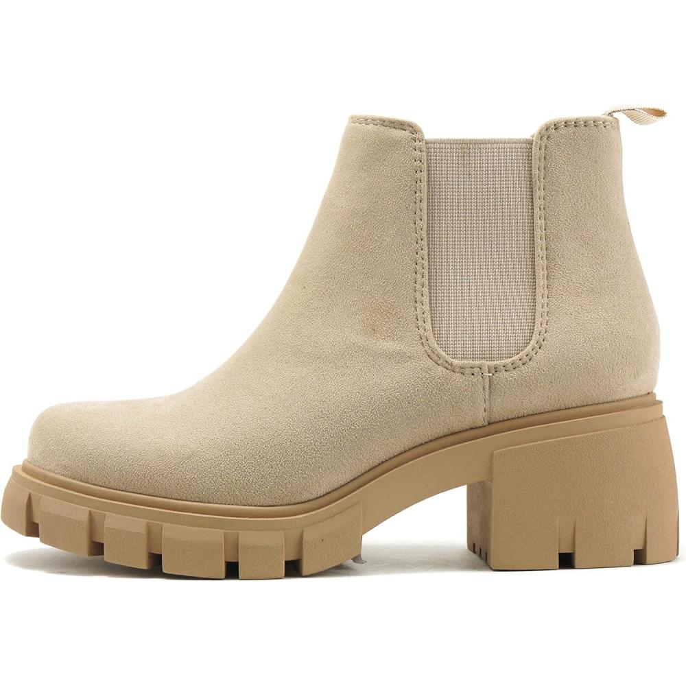 imageSoda PIONEER  Women Lug Sole Mid Heel Chelsea Fashion Ankle Bootie wDouble Elastic GoreLtwheat