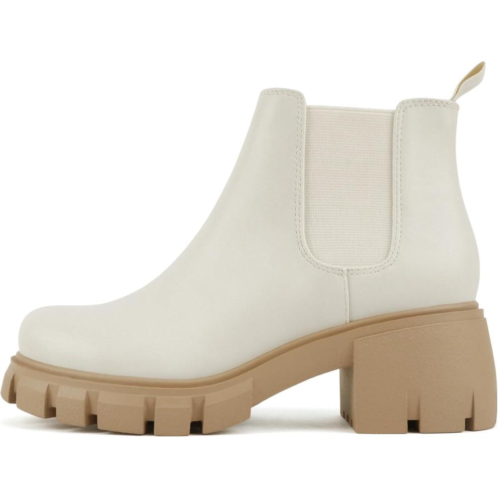 imageSoda PIONEER  Women Lug Sole Mid Heel Chelsea Fashion Ankle Bootie wDouble Elastic GoreOff WhiteNude