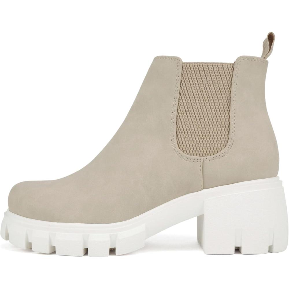imageSoda PIONEER  Women Lug Sole Mid Heel Chelsea Fashion Ankle Bootie wDouble Elastic GoreSand Nubuck