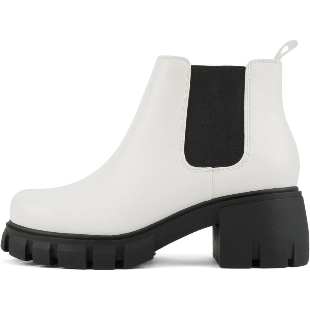 imageSoda PIONEER  Women Lug Sole Mid Heel Chelsea Fashion Ankle Bootie wDouble Elastic GoreWhiteBlack