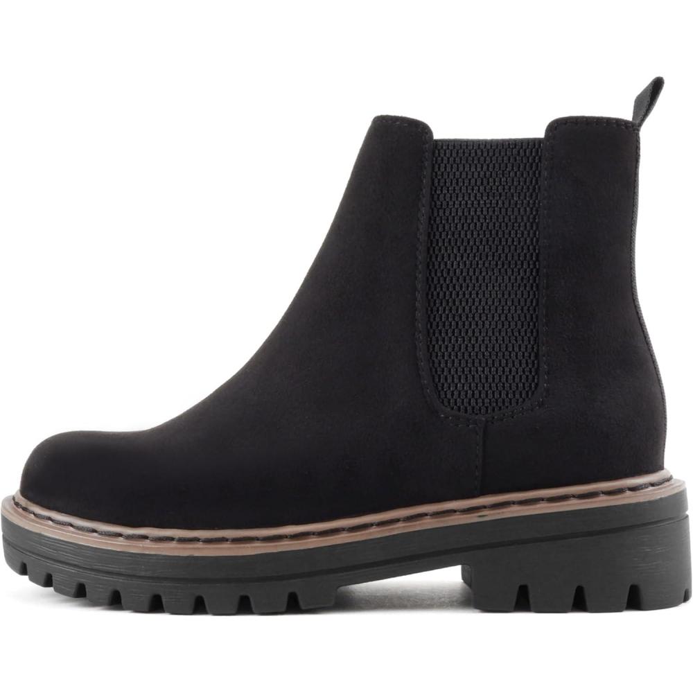 imageSoda Pilot  Women Lug Sole Low Heel Chelsea Fashion Ankle Bootie wDouble Elastic GoreBlack Imitation SuedeTan Welt