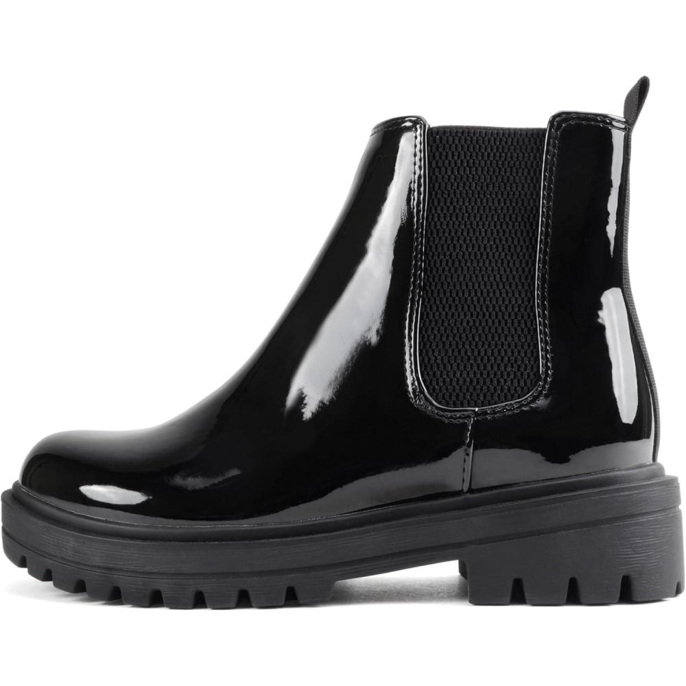 imageSoda Pilot  Women Lug Sole Low Heel Chelsea Fashion Ankle Bootie wDouble Elastic GoreBlack Patent