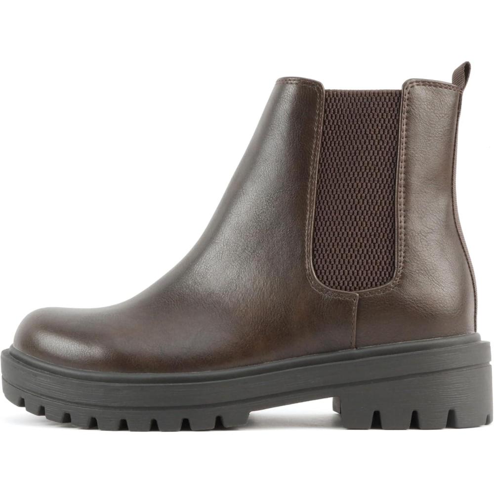 imageSoda Pilot  Women Lug Sole Low Heel Chelsea Fashion Ankle Bootie wDouble Elastic GoreBrown Pu