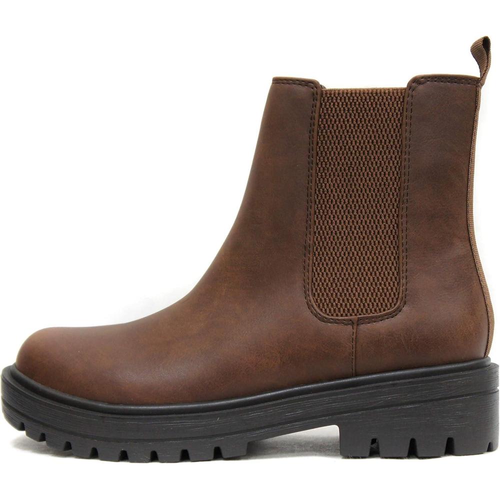 imageSoda Pilot  Women Lug Sole Low Heel Chelsea Fashion Ankle Bootie wDouble Elastic GoreDark Tan