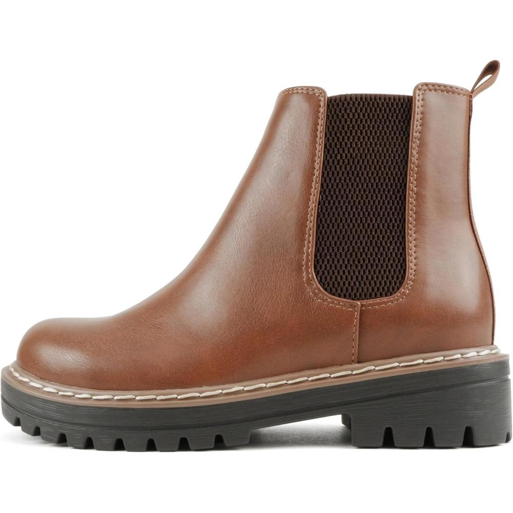 imageSoda Pilot  Women Lug Sole Low Heel Chelsea Fashion Ankle Bootie wDouble Elastic GoreTanBrn Pu Welt