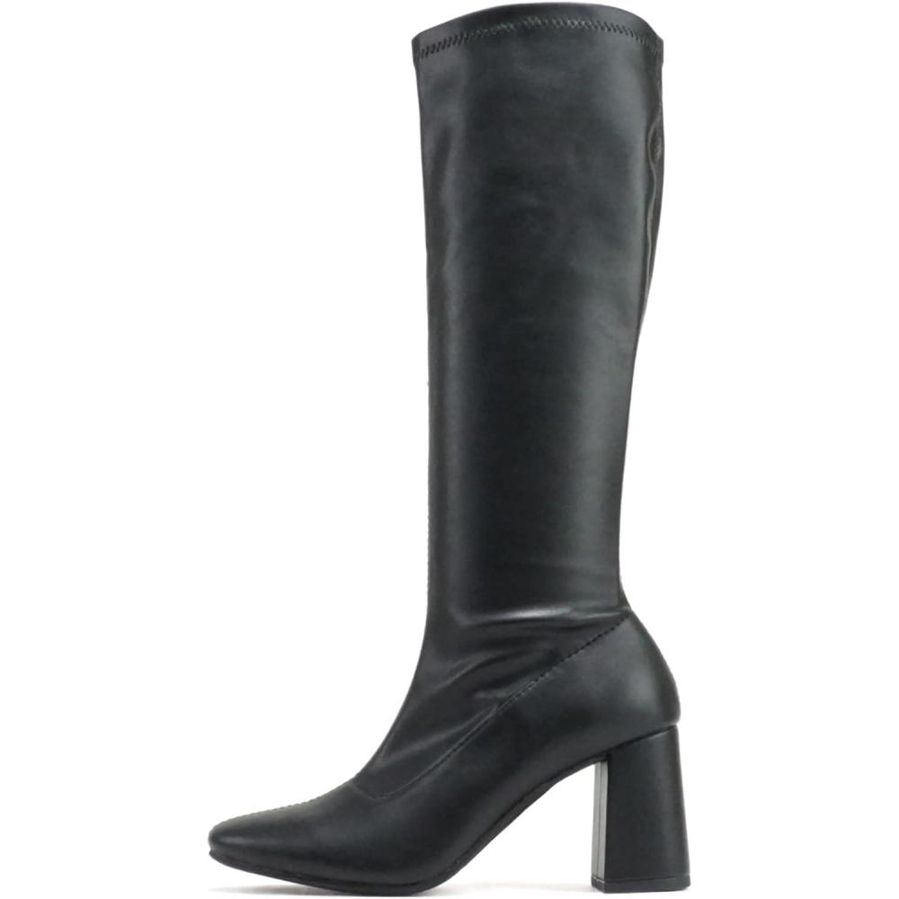 imageSoda SELINA  Women Snip Toe SlipOn Medium Heel KneeHigh BootBlack Pu