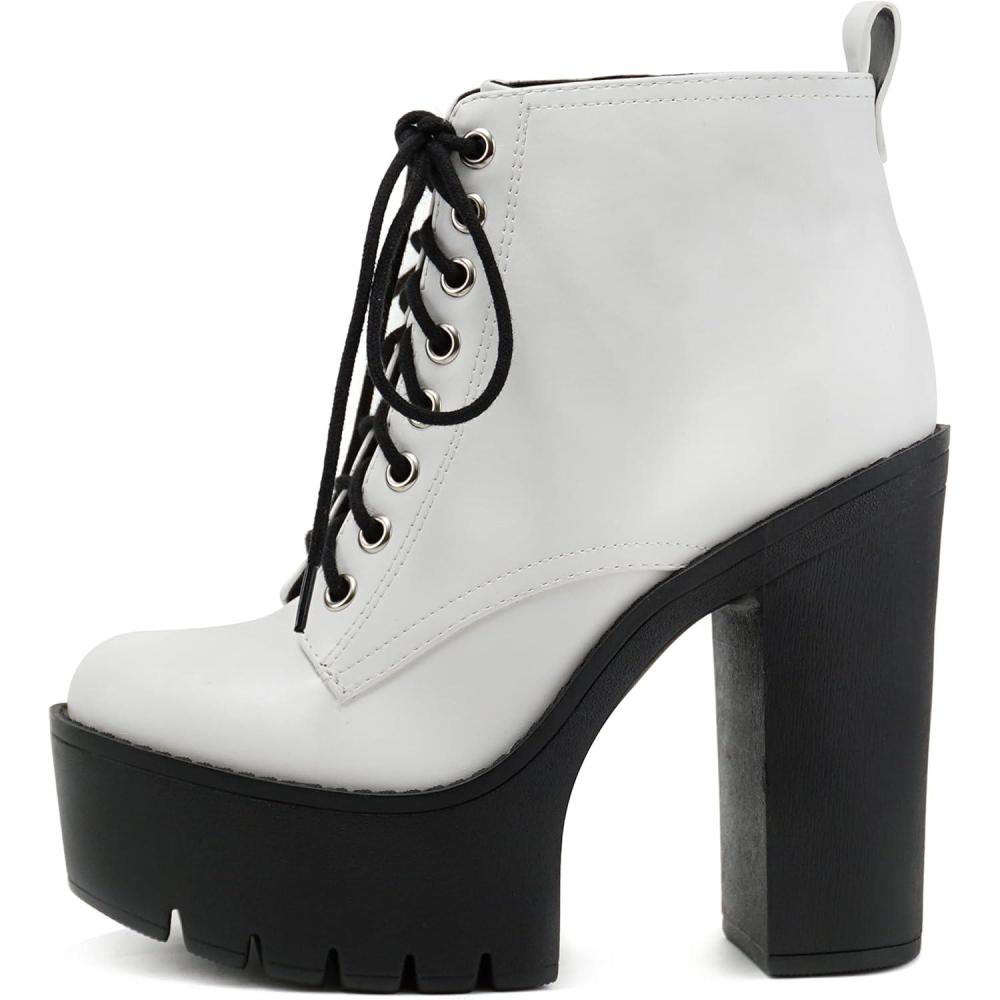 imageSoda SETUP  Women Super Chunky High Block Heel Laceup Fashion Ankle Boot wSide ZipperWhiteBlack Pu