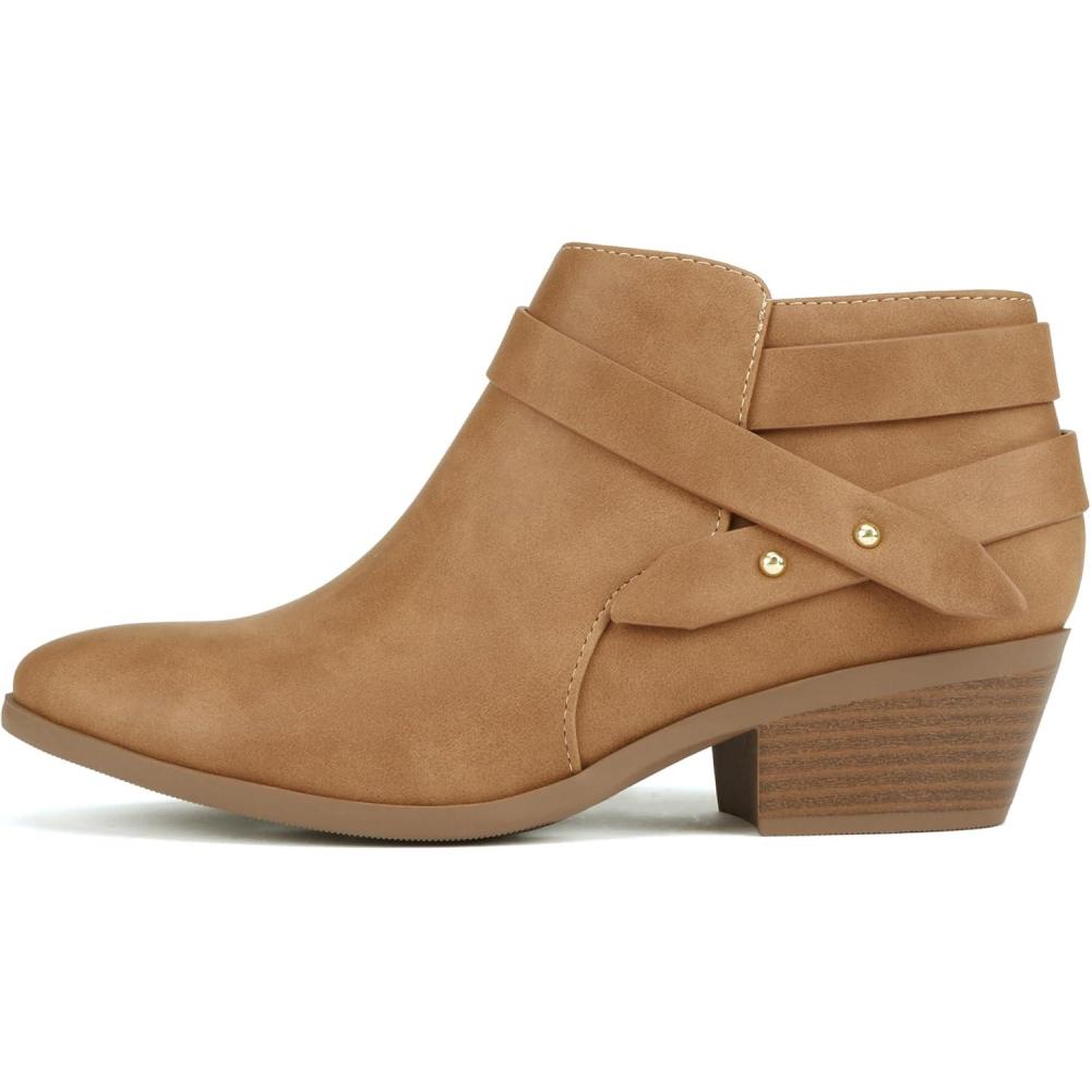 imageSoda SWEETEN Womens Fashion Closed Toe Multi Strap Ankle Bootie Block Heel Wide Fit AvailableTan Nubuck