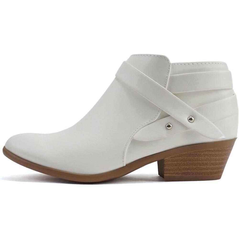 imageSoda SWEETEN Womens Fashion Closed Toe Multi Strap Ankle Bootie Block Heel Wide Fit AvailableWhite Pu Sweeten