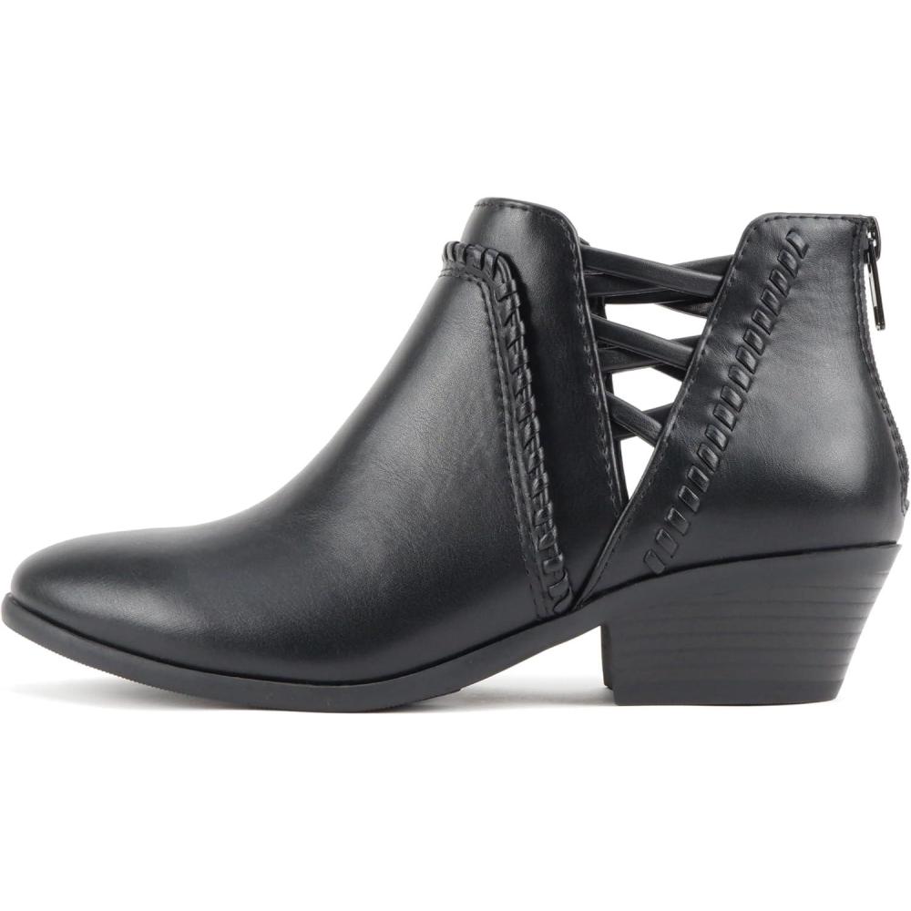 imageSoda Sincere Womens Low Ankle Heel Bootie with Elastic Cross Straps Wide Fit AvailableBlack Pu