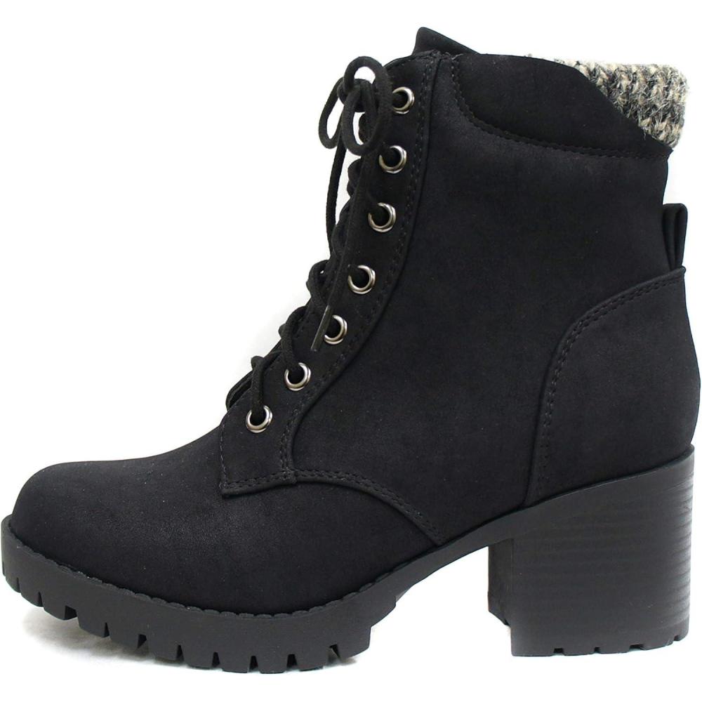 imageSoda Single Lug Sole Chunky Heel Combat Ankle Boot Lace up wSide ZipperBlack Nubuck