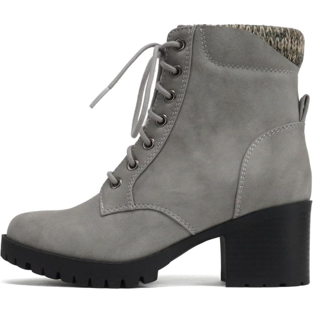 imageSoda Single Lug Sole Chunky Heel Combat Ankle Boot Lace up wSide ZipperGrey Nubuck