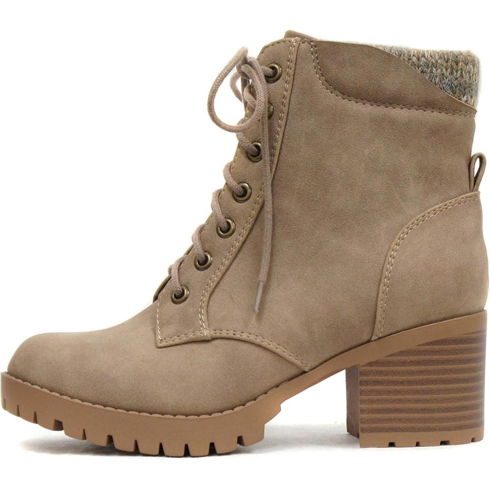 imageSoda Single Lug Sole Chunky Heel Combat Ankle Boot Lace up wSide ZipperLight Taupe