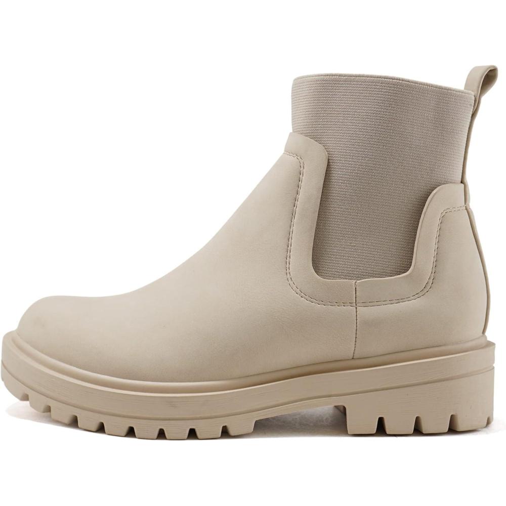 imageSoda TAPER  Women Lug Sole Low Heel Chelsea Fashion Elastic Sock Shaft Ankle BootieBeige Nubuck