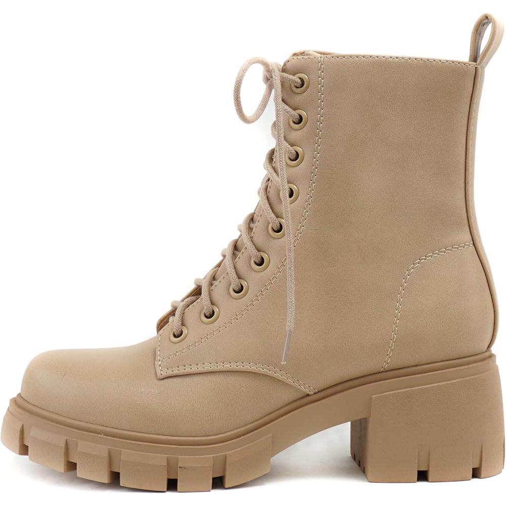 imageSoda TUNDRA  Women Lug Sole Lace up Fashion Combat Ankle Boot wSide ZipperLblond Pu
