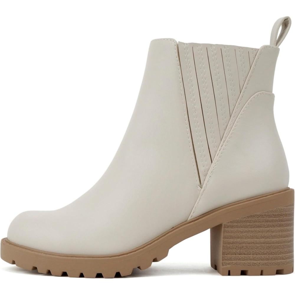 imageSoda Wisely  Women Round Toe Finger Gore Lug Sole Low Heel Ankle BootBone Pu