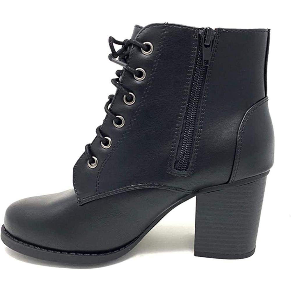 imageSoda Womens Korman Faux Leather Lace Up High Chunky Heel Ankle BootiesBlack