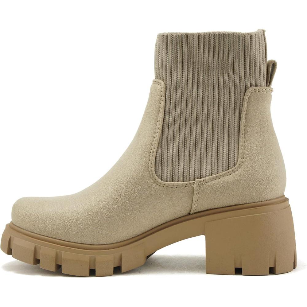 imageSoda ZORDY  Women Lug Sole Mid Heel Chelsea Fashion Elastic Sock Shaft Ankle BootieLwheat Imit Suede