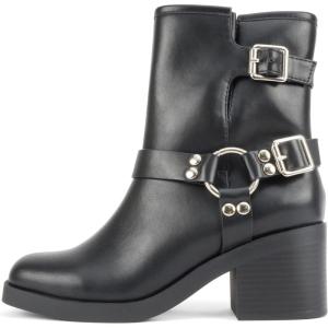 Soda “Addax” ~ Women Square Toe Low Heel Ornamented Ankle Boot with Belted Straps(Black Pu)