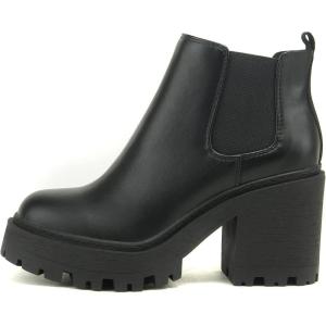 Soda BLISS ~ WOMEN LUG SOLE FASHION ANKLE BOOTIE W/DOUBLE ELASTIC GORE(Black Pu)