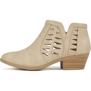 Soda CHANCE Womens Perforated Cut Out Stacked Block Heel Ankle Booties (Wide Fit Available)(Beige Nubuck)