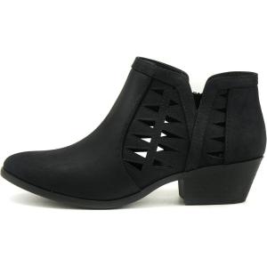 Soda CHANCE Womens Perforated Cut Out Stacked Block Heel Ankle Booties (Wide Fit Available)(Black Nbpu)