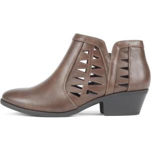 Soda CHANCE Womens Perforated Cut Out Stacked Block Heel Ankle Booties (Wide Fit Available)(Brown Pu)