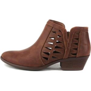 Soda CHANCE Womens Perforated Cut Out Stacked Block Heel Ankle Booties (Wide Fit Available)(Cognac)