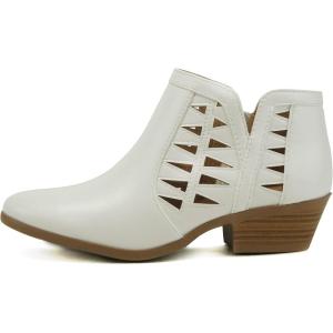Soda CHANCE Womens Perforated Cut Out Stacked Block Heel Ankle Booties (Wide Fit Available)(Off White Pu)