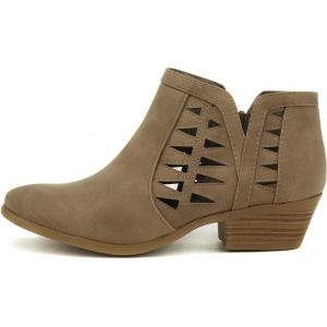 Soda CHANCE Womens Perforated Cut Out Stacked Block Heel Ankle Booties (Wide Fit Available)(Taupe Dispu)