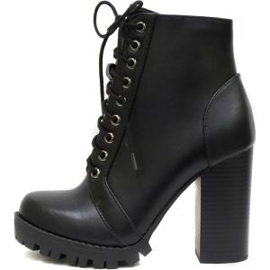 Soda Chalet – Fashion Lace up Military Inspired Ankle Boot with Stacked Heel and Side Zipper(Black)