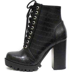 Soda Chalet – Fashion Lace up Military Inspired Ankle Boot with Stacked Heel and Side Zipper(Black (Crocodile))
